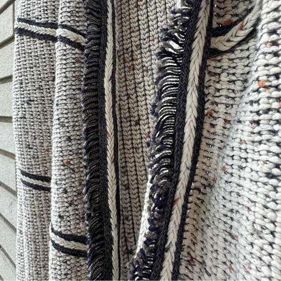 NIC+ZOE Fringe Trim Open Front Textured Knit Jacket Medium Charcoal Cream - Picture 4 of 8